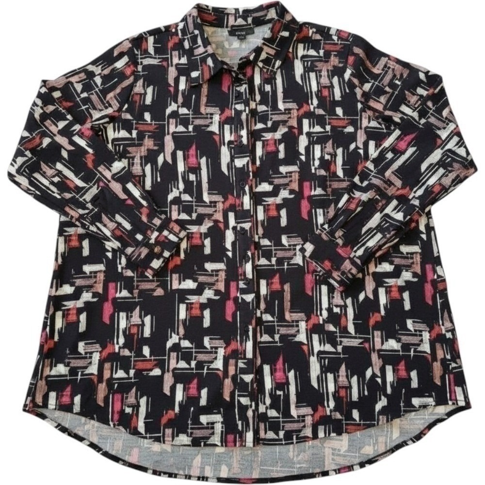 Alfani Button‎ Up Blouse Size XL Black Abstract Print Used Artsy Career